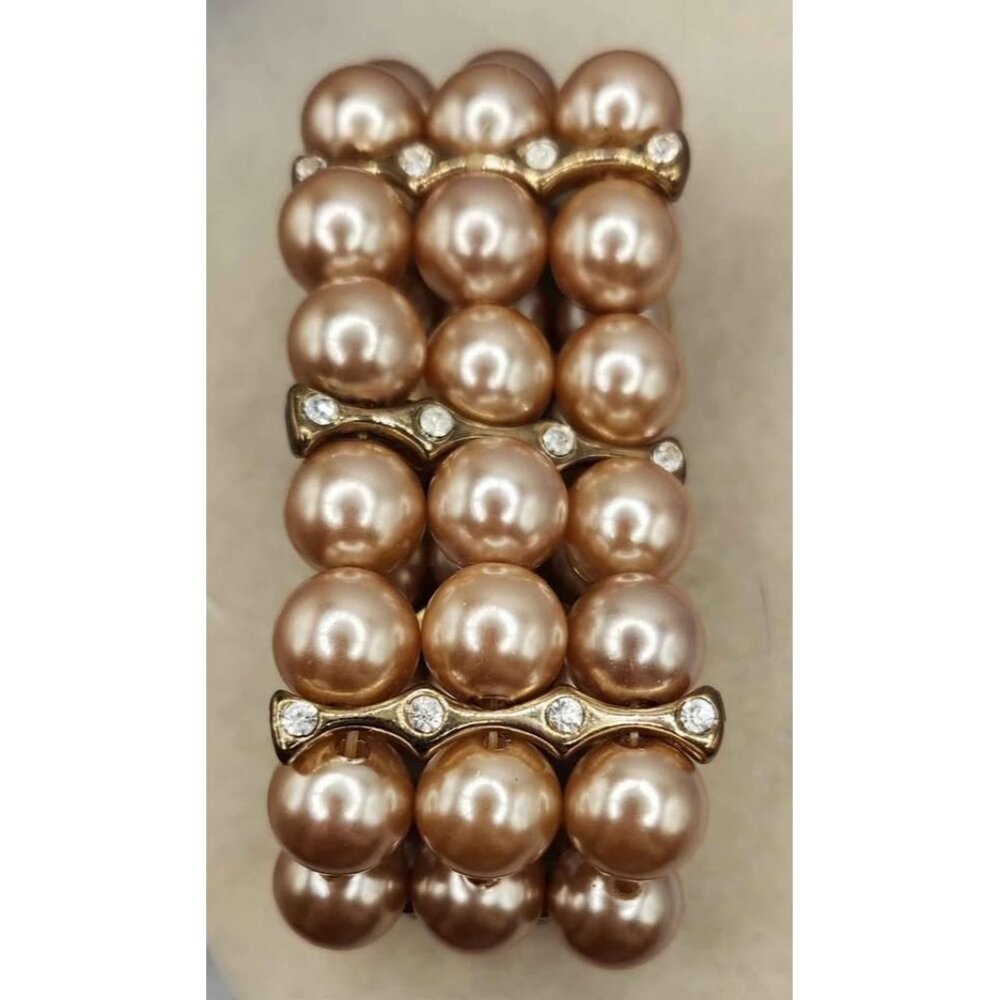 Multistrand Faux Taupe Pear Bracelet With Gold Tone & Rhinestone Accent - Stretc